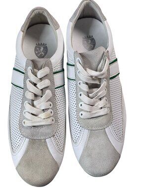 RB Italia White & Gray Leather Perforated Sneakers With Green Stripe Size 40